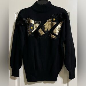 A’ Milano Women’s Black Faux Fur Beaded Gold Foil Black Sweater Medium